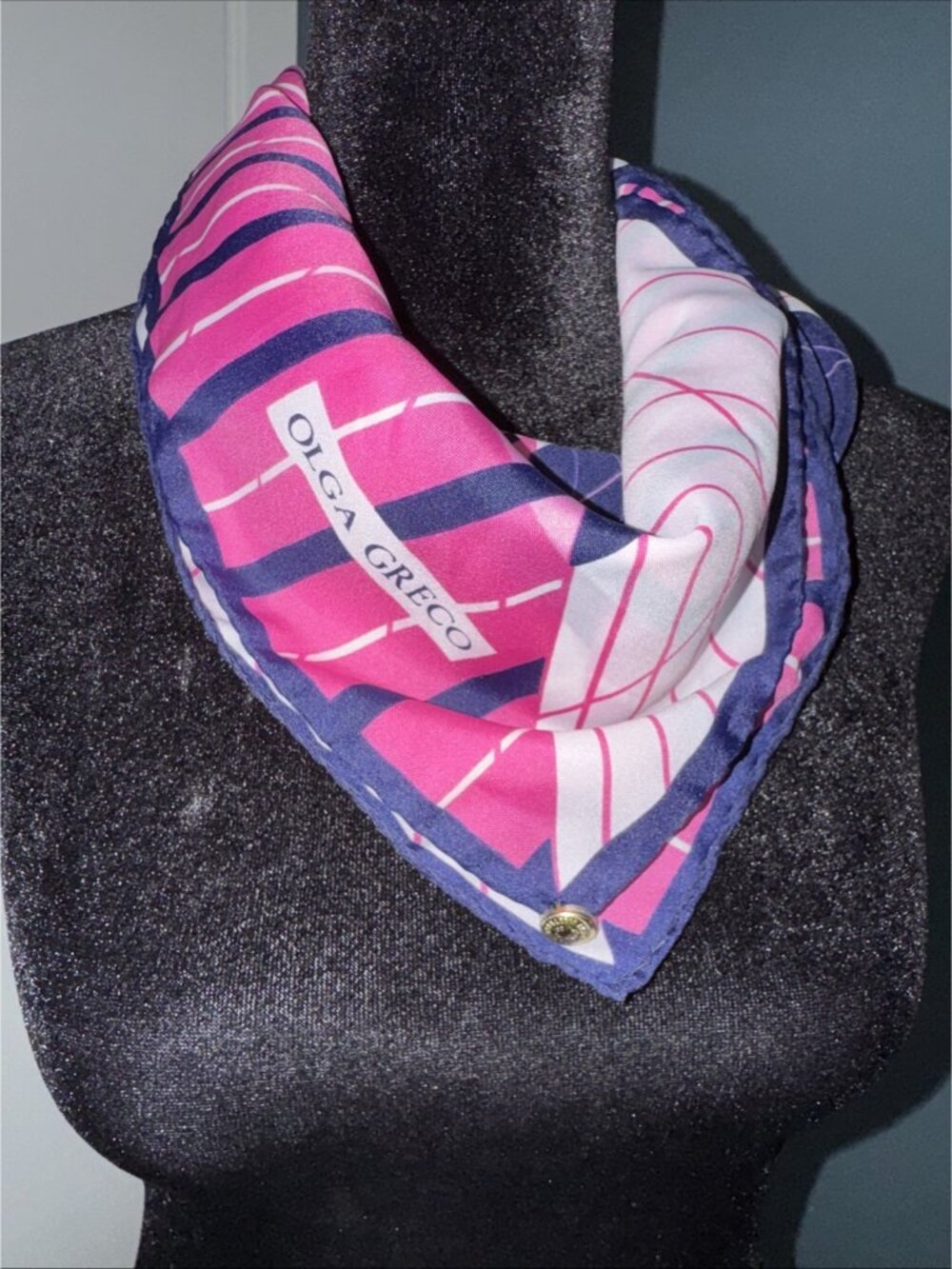 Vintage Olga Greco Scarf  Italy Square Pink Navy White 1980’s Geometric Poly